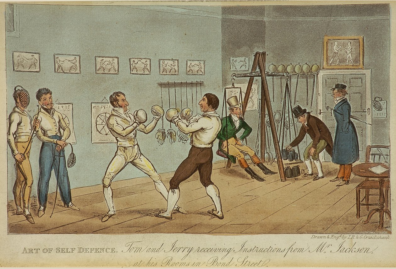 Itsepuolustuksen taide (värilitho) tekijältä Isaac Robert and George Cruikshank