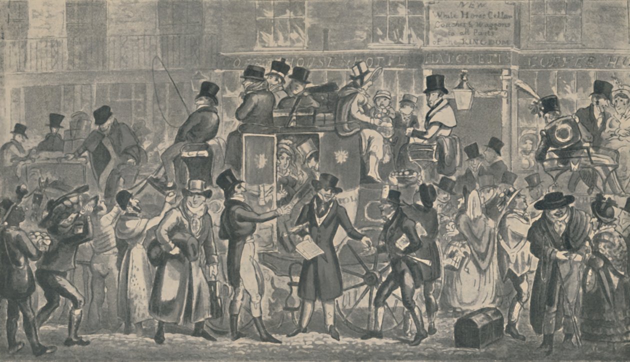 Outside White Horse Cellar, Piccadilly, 1821, 1920. Taiteilijat: Isaac Robert Cruikshank, George Cruikshank. tekijältä Isaac, Robert and George Cruikshank