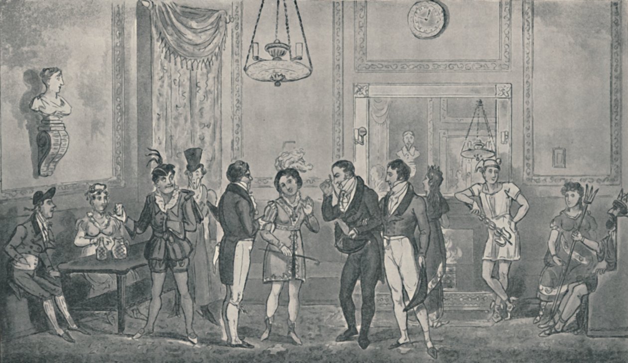 The Green Room Drury Lane -teatterissa, 1821, 1920. Taiteilijat: Isaac Robert Cruikshank, George Cruikshank. tekijältä Isaac, Robert and George Cruikshank