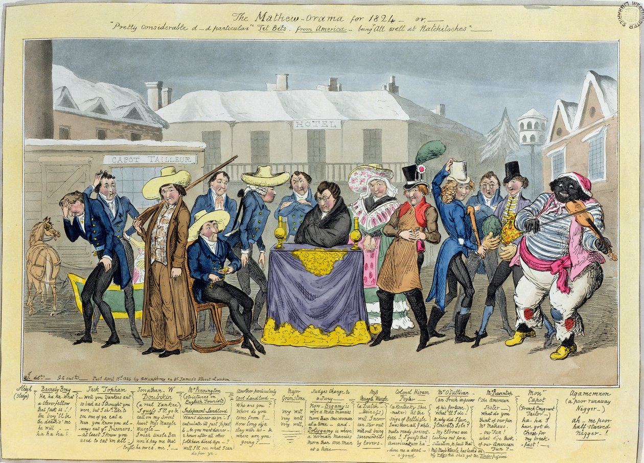 Mathew-Orama vuodelta 1824, pub. kirjoittanut G. Humphrey, 1824 (värillinen etsaus) tekijältä Isaac, Robert and George Cruikshank