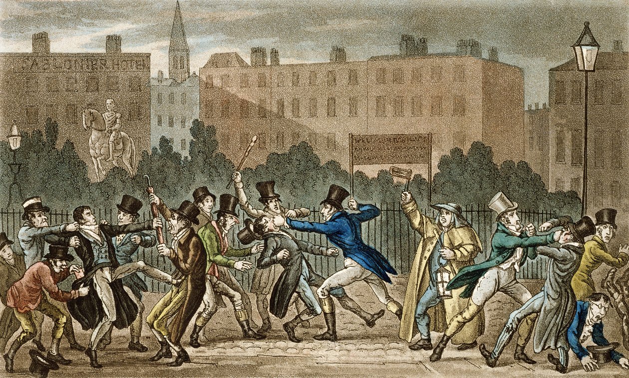 Tom, Jerry ja Logic mukana yötaistelussa, Pierce Eganin (1772-1849) teoksesta Life in London, 1821-22 (värillinen akvatinta) tekijältä Isaac, Robert and George Cruikshank
