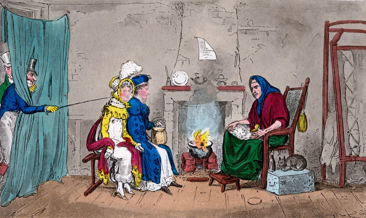 Tom ja Jerry nappaavat Kateen ja Suen lennossa omaisuutensa kertomana, 1800-luku. tekijältä Isaac, Robert and George Cruikshank