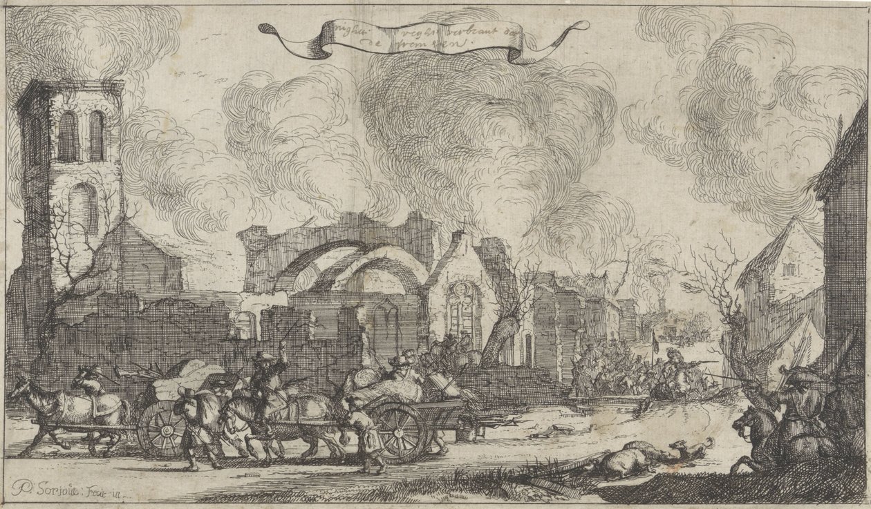 Ranskalaiset joukot marssivat ryöstämällä ja ampuen Nigtevechtin kylän raunioiden läpi, 1672 Kolmetoista kuvan sarja ranskalaisten vuonna 1672 tuhoamista Utrechtin maakunnan kylistä ja linnoista (sarjan nimi) tekijältä Isaac Sorious