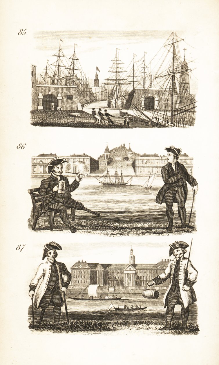 London Docks, Greenwich Hospital ja Chelsea Hospital tekijältä Isaac Taylor