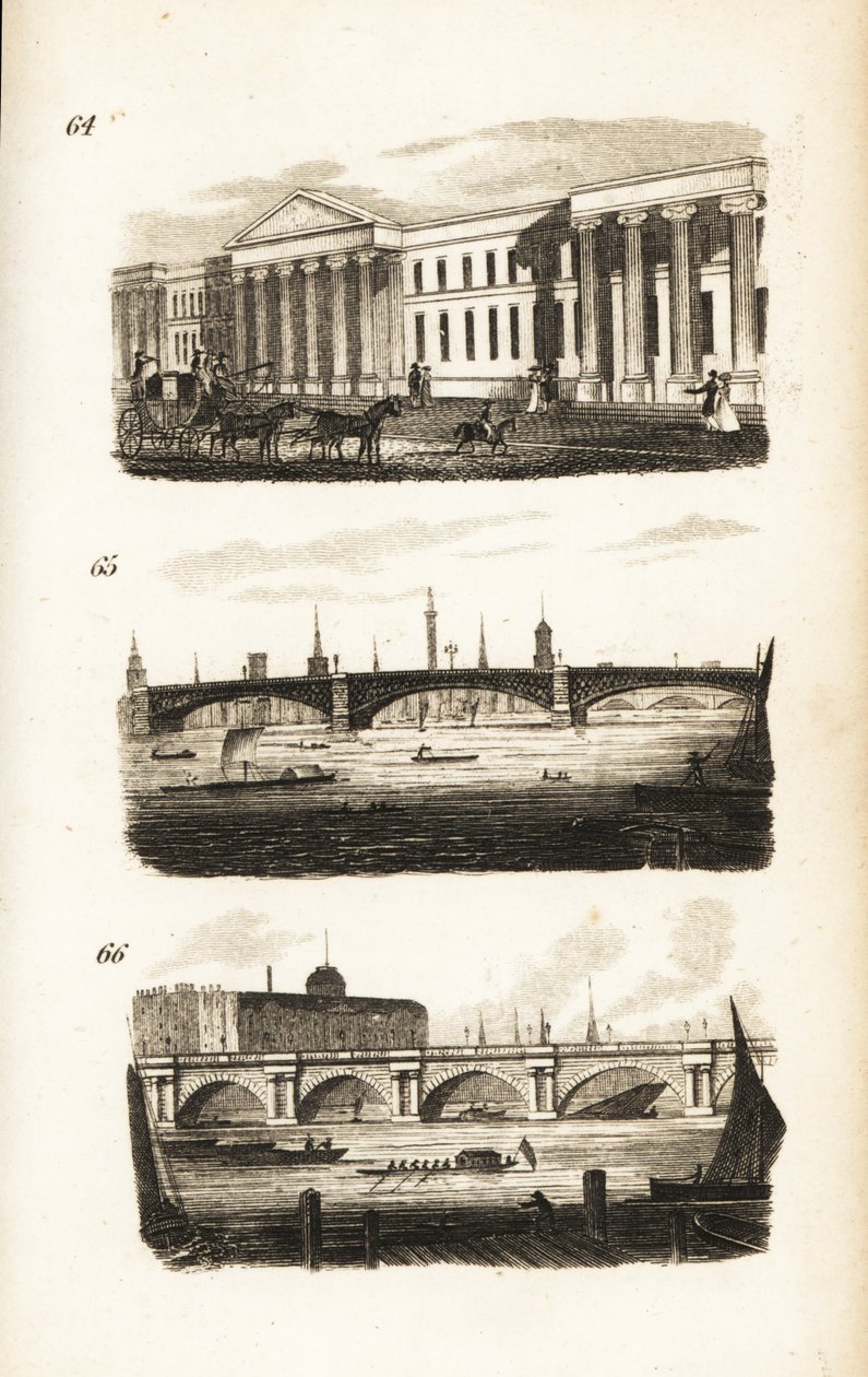 General Post-Office, Southwark Bridge ja Waterloo Bridge tekijältä Isaac Taylor