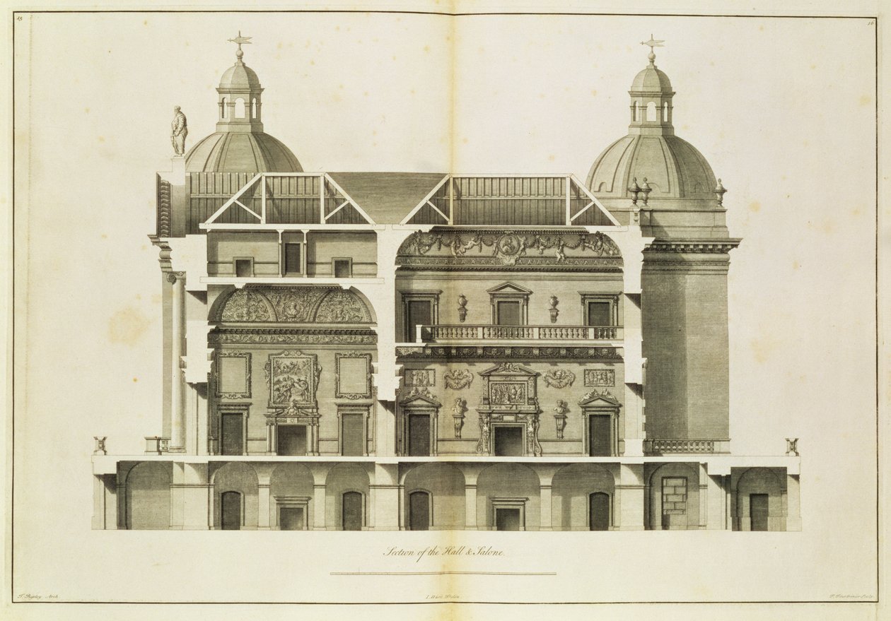 Houghton Hall: Hallin ja Salonin poikkileikkaus, kaiverrus Pierre Fourdrinier, 1735 (katso myös 64903 ja 64904) tekijältä Isaac Ware