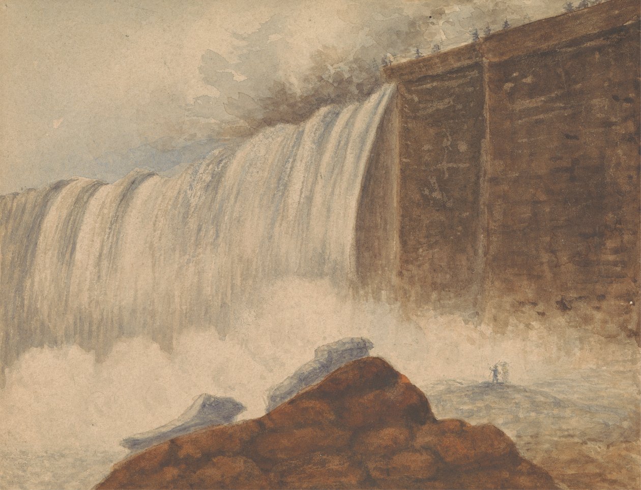 Vista das Cataratas do Niágara com duas figuras na rocha à direita primeiro plano finlandês tekijältä Isaac Weld