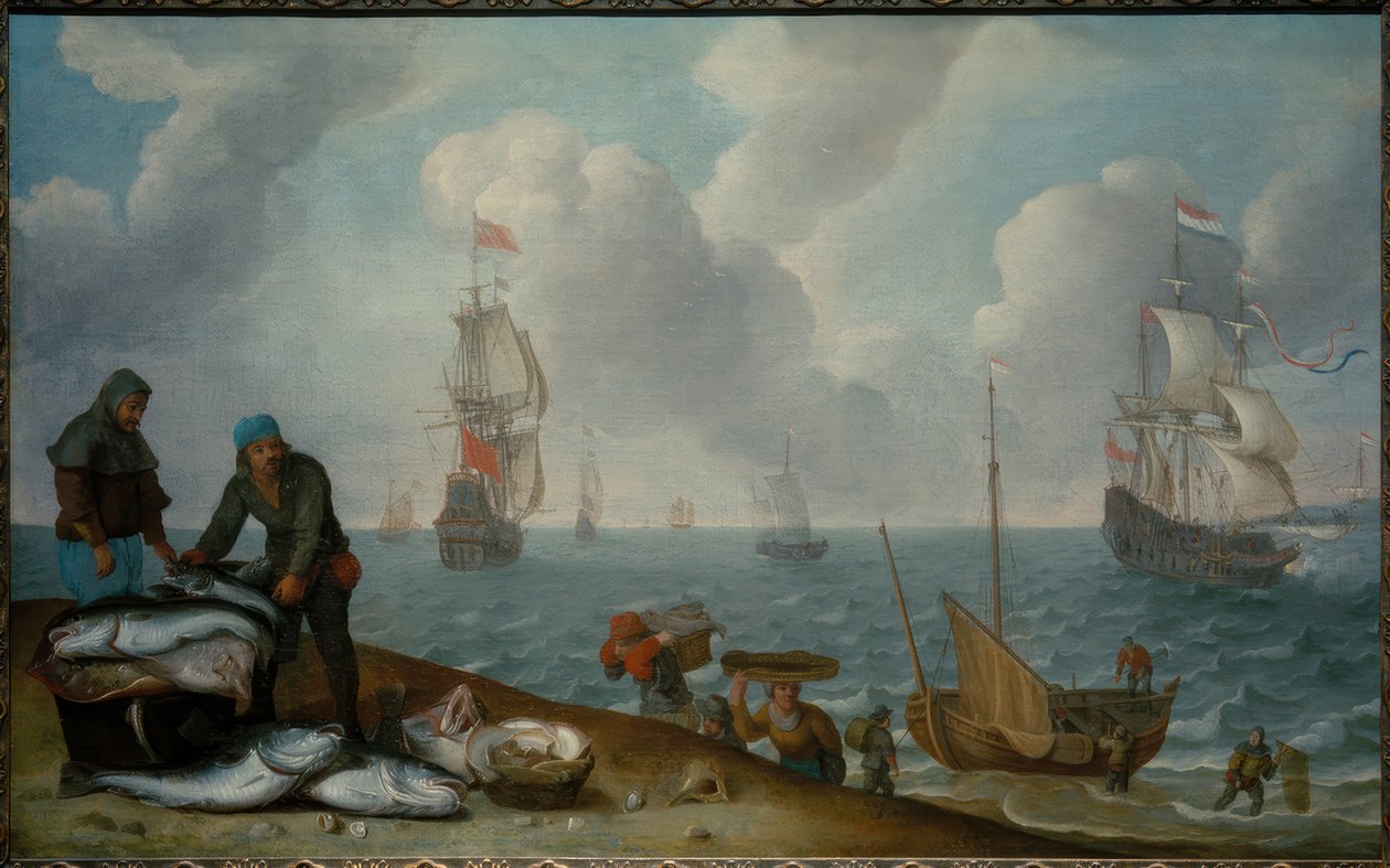 Kalastajat saaliilla rannalla, sotalaivoja lahdella tekijältä Isaac Willaerts