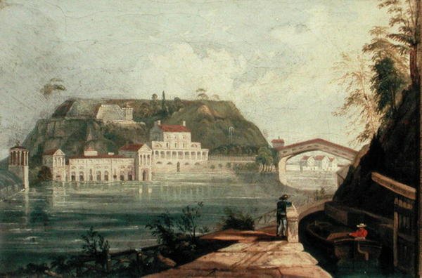 Fairmount Waterworks, W. H. Bartlettin n. 1835 kaiverrus (öljy kankaalle) tekijältä Isaac Williams