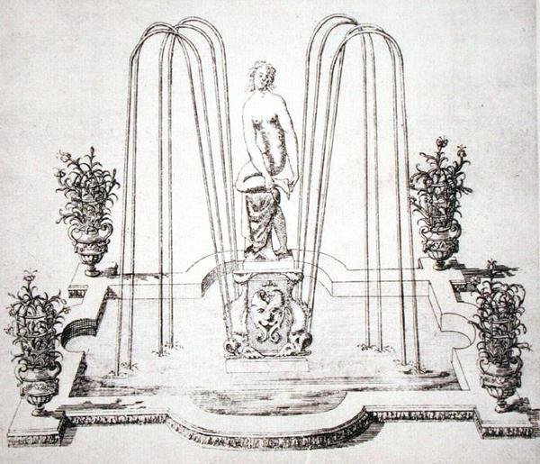 The Gardens of Wiltonin suihkulähdesuunnittelu, n. 1645 (kaiverrus) tekijältä Isaac de Caus
