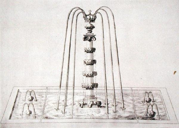 The Gardens of Wiltonin suihkulähdesuunnittelu, n. 1645 (kaiverrus) tekijältä Isaac de Caus