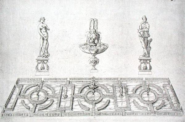 Puutarhasuunnittelu The Gardens of Wiltonista n. 1645 (kaiverrus) tekijältä Isaac de Caus