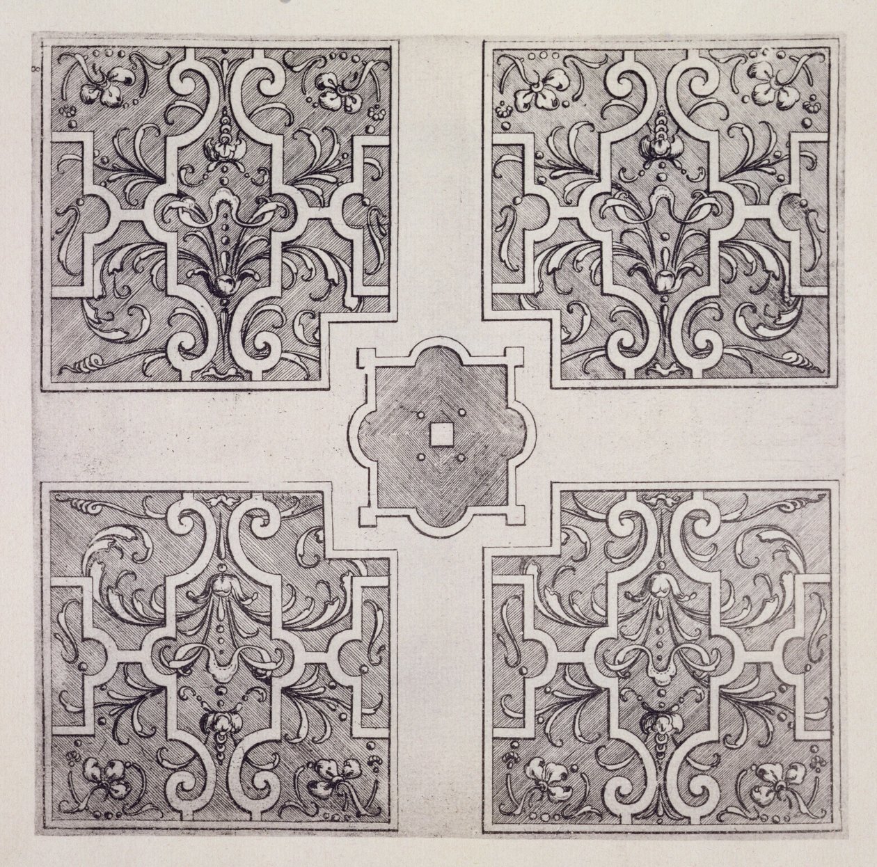 Parterre-suunnitelmat "The Gardens of Wiltonista", julkaistu n. 1645 (kaiverrus) tekijältä Isaac de Caus