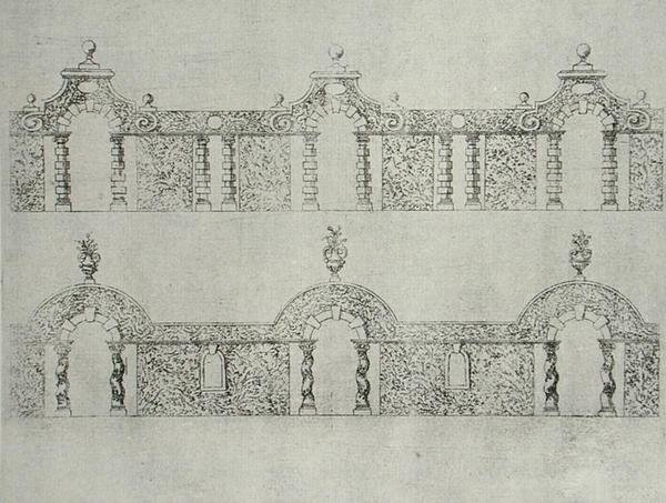 The Gardens of Wiltonin arkadoidut kulkuväylät, julkaistu n. 1645 (kaiverrus) tekijältä Isaac de Caus