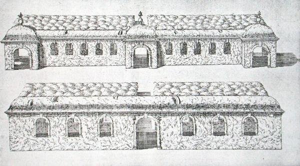 The Gardens of Wiltonin pylväskäytävät, n. 1645 (kaiverrus) tekijältä Isaac de Caus