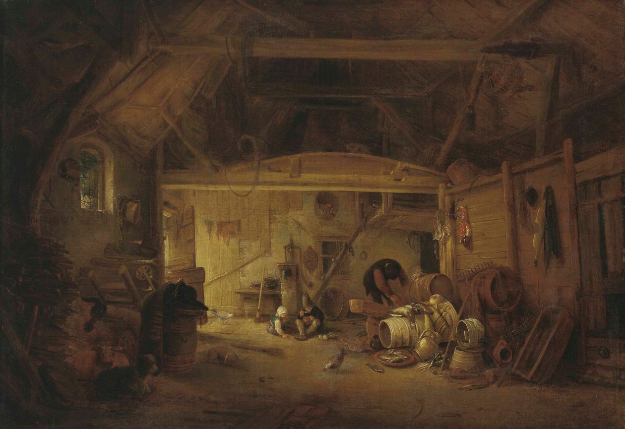 Saksa: Scheuneninterieur Navetan sisustus, jossa kaksi lasta syö ja mies tekee töitä. tekijältä Isaac van Ostade
