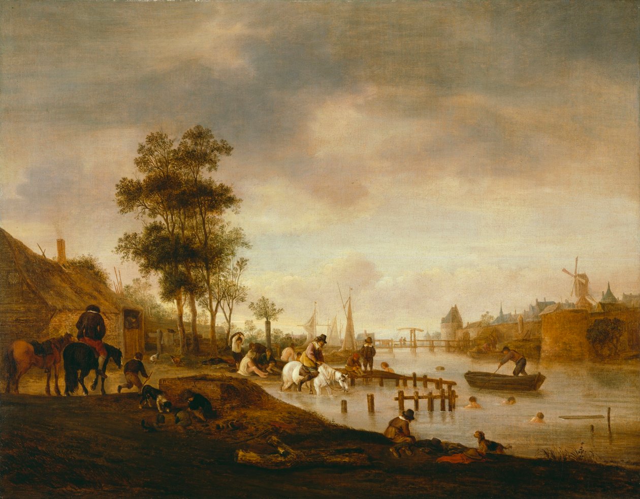 Jokimaisema uimareiden kanssa tekijältä Isaac van Ostade