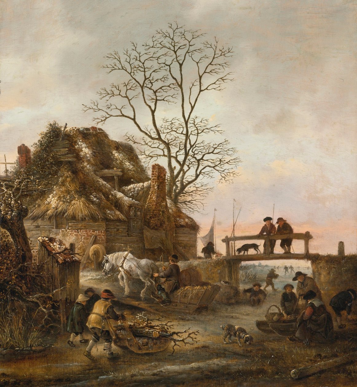 Talvimaisema, jossa mökki lähellä siltaa tekijältä Isaac van Ostade