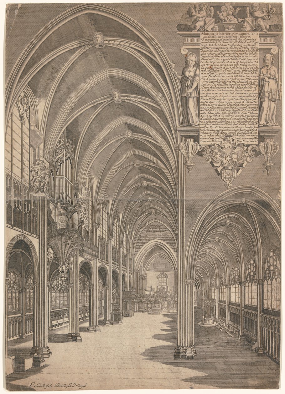 Kaiverrus Strasbourgin katedraalin sisältä vuonna 1617. tekijältä Isaak Brun