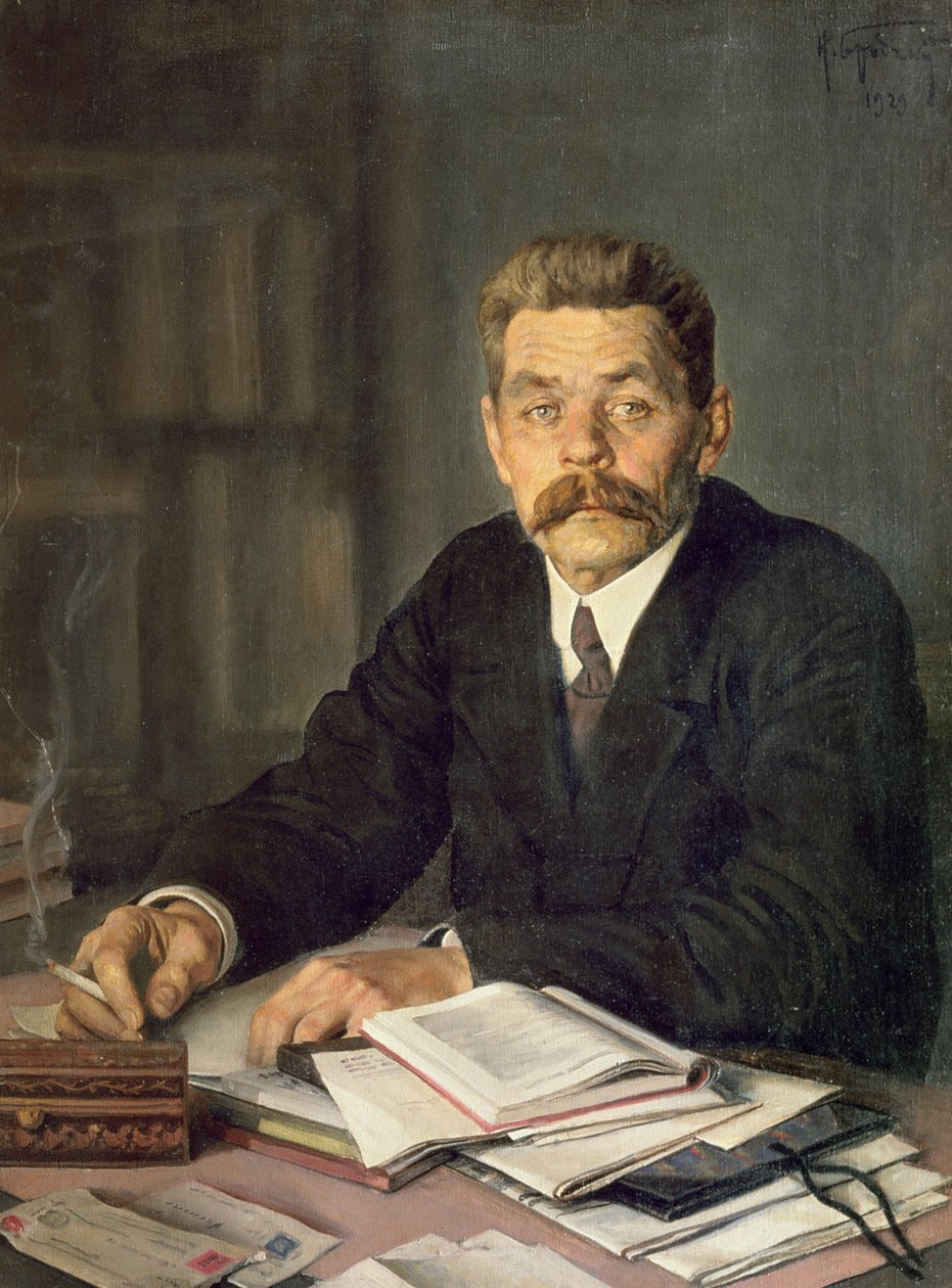 Kirjailija Maksim Gorkin (1868-1939) muotokuva, 1929 tekijältä Isaak Israilevich Brodsky