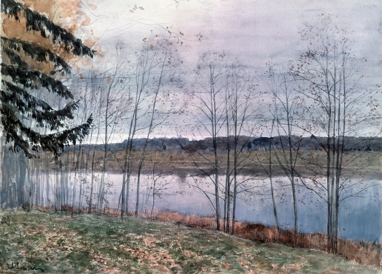 Syksy (syksy). Kuvaus vesistön rannoilta paljain puin. Isaac (Isaac) Ilyich Levitan (1860-1900) työ, akvarelli paperille tekijältä Isaak Ilyich Levitan