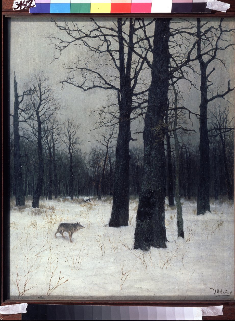 Metsä talvella. Mustat, paljaat puut lumessa, suden kanssa. Maalaus Isaak Ilyich Levitan (1860-1900), öljy kankaalle tekijältä Isaak Ilyich Levitan