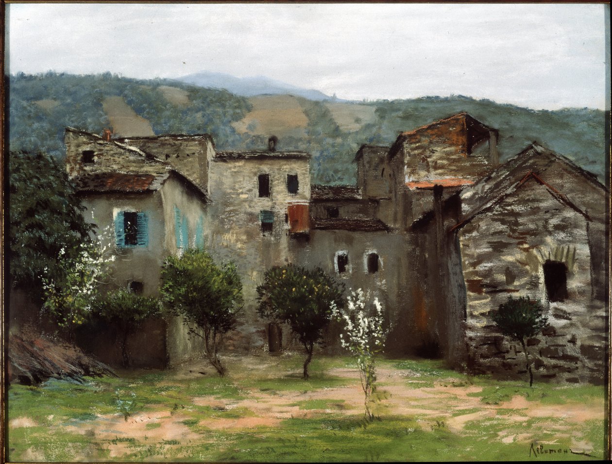 Lähellä Bordigheraa, Pohjois-Italiassa. (Lähellä Bordigheraa. Pohjois-Italiassa). Kuvaus rakennusryhmästä Liguriassa. Isaak (Isaac) Ilyich Levitan (1860-1900) teos, pastelli paperille tekijältä Isaak Ilyich Levitan