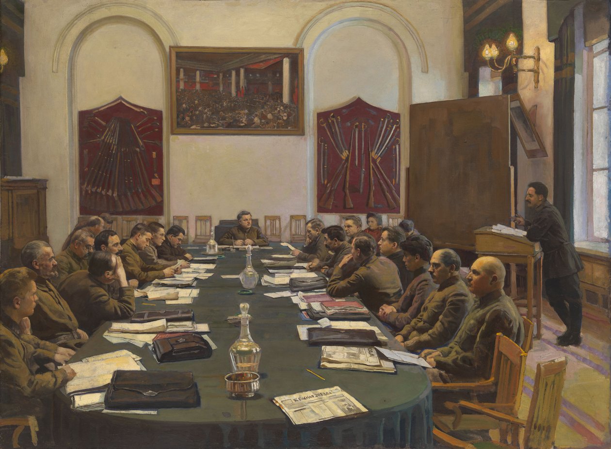 Neuvostoliiton vallankumouksellisen sotilasneuvoston edustajakokous, jonka puheenjohtajana toimii Kliment Voroshilov tekijältä Isaak Israilevich Brodsky
