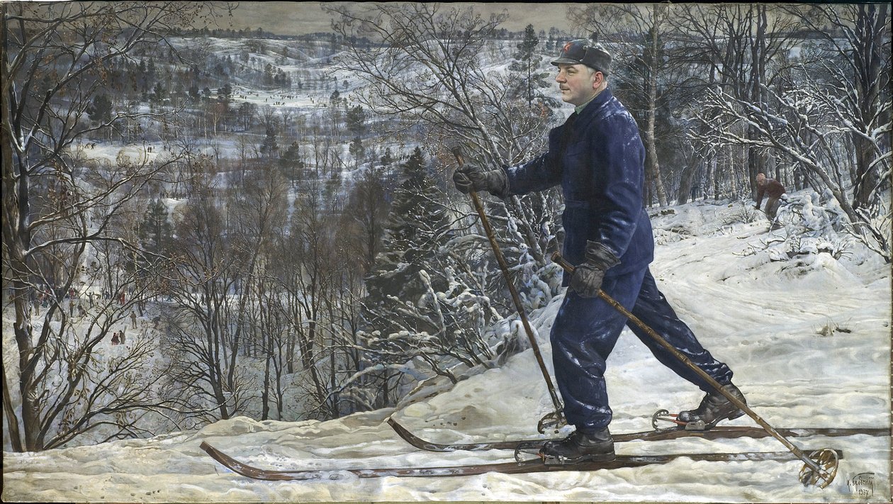 Kliment Voroshilov (1881-1969) hiihtäjä - Kliment Vorošilov hiihtomatkalla - Isaak Izrailevich Brodsky (1884-1939). Öljy kankaalle tekijältä Isaak Israilevich Brodsky