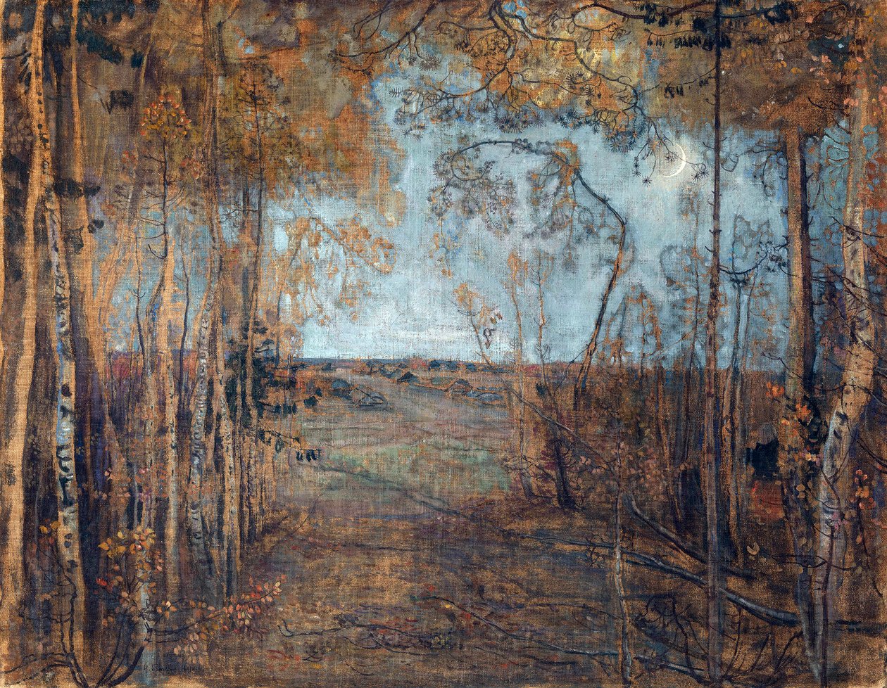 ""New Moon" (Uusikuu) Yöllinen puumaisema Isaak Brodskyn (1884-1939) maalaus Öljy kankaalle 1912 Dim 62x80 cm Yksityiskokoelma tekijältä Isaak Israilevich Brodsky