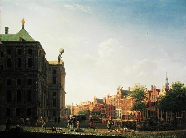 Näkymä Nieuwezijds Voorburgwalia pitkin Amsterdamissa, jossa näkyy kuninkaanlinnan takaosa, 1782 tekijältä Isaac Ouwater