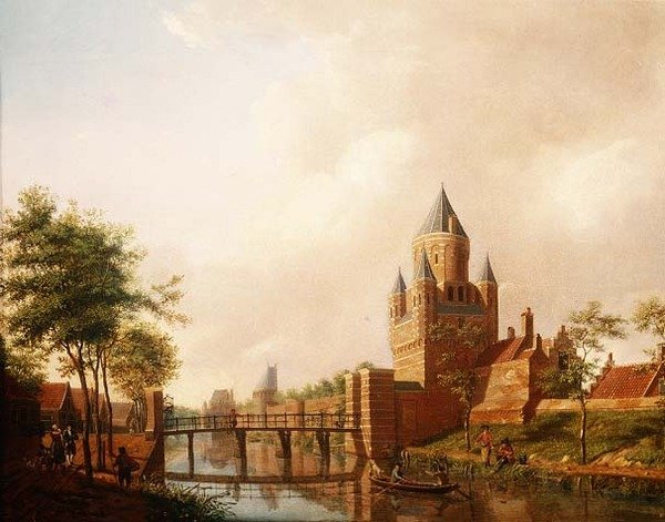 Näkymä Pienestä Houtpoortista (Kleine Houtpoort) Haarlemissa, taustalla Grote Houtpoort (Great Gateway). tekijältä Isaac Ouwater