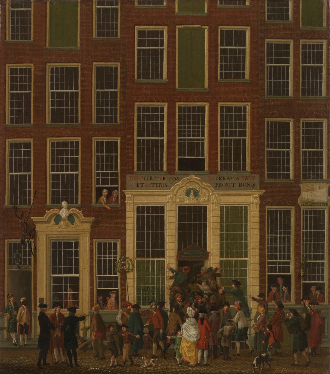 Jan de Grootin kirjakauppa ja lottotoimisto Kalverstraatilla Amsterdamissa, 1779 tekijältä Isaac Ouwater