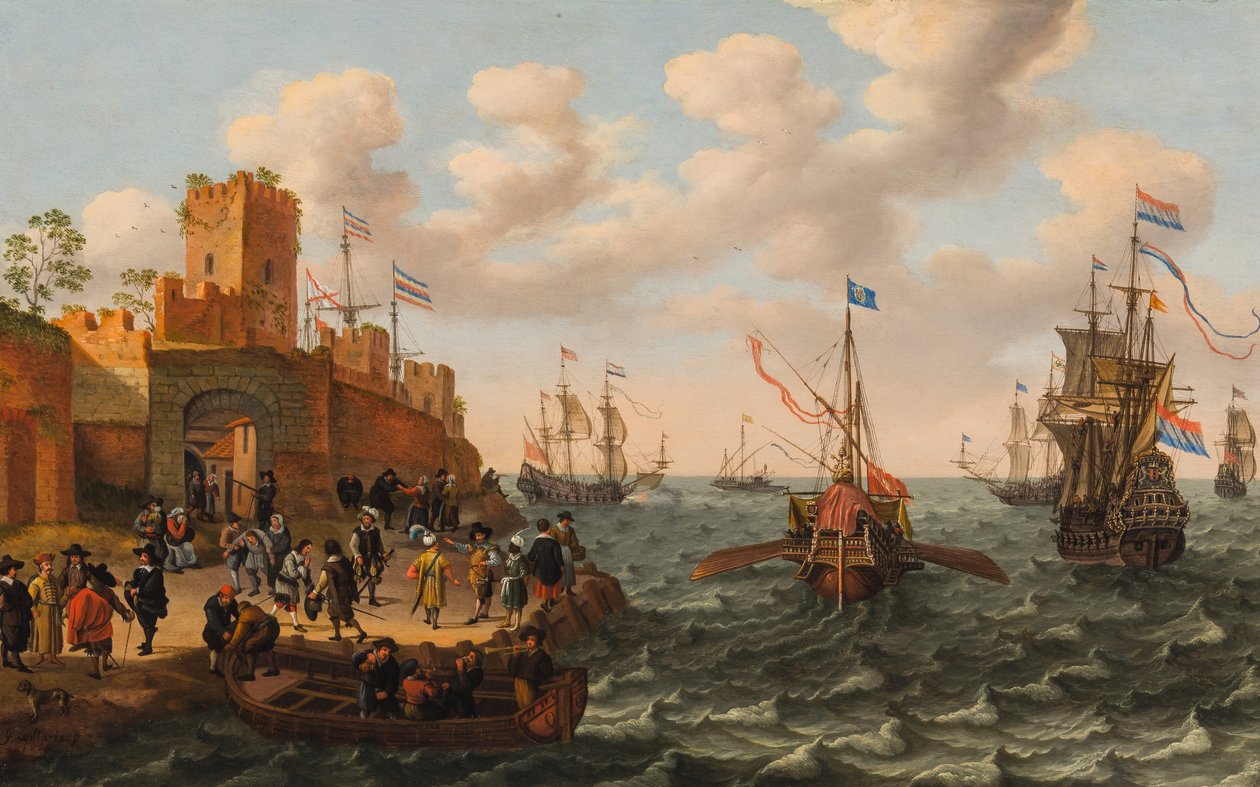 Hollantilainen kolmipäällikkö ja paavin keittiö sekä muita laivoja linnoitettujen kaupungin rannikolla, n. 1662 (öljy paneelissa) tekijältä Isaak Willaerts