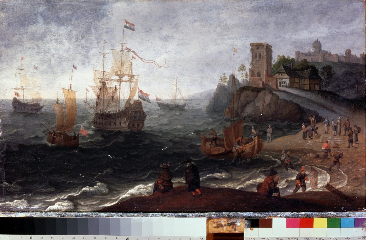 Kalamarkkinat rannalla (kalamarkkinat meren rannalla). Isaac Willaertsin (1620-1693) maalaus. Öljy puulle, 35,5 x 67 cm, noin 1640. 1600-luvun hollantilaista taidetta. Valtion historian ja taiteen museo, Serpukhov (Venäjä). tekijältä Isaak Willaerts