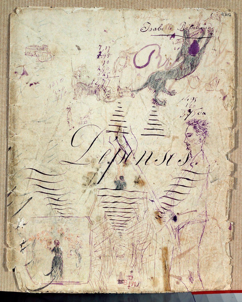 Arthur Rimbaud auttamassa sadonkorjuuta. Isabelle Rimbaudin piirros violetilla musteella kulukirjan luonnossivulle tekijältä Isabelle Rimbaud