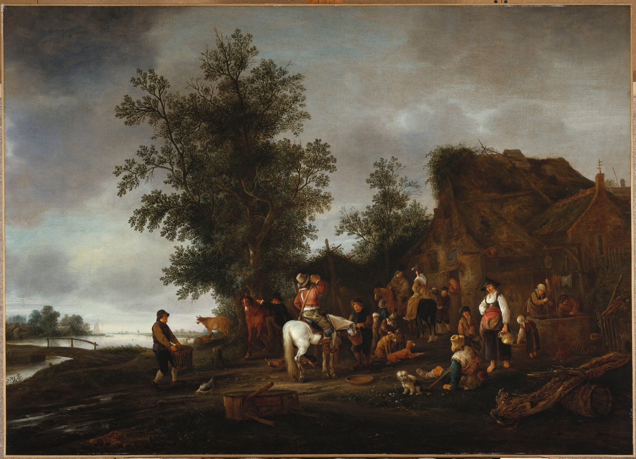 Matkailijat virkistäytymässä joenrantatavernassa, 1664 tekijältä Isack van Ostade