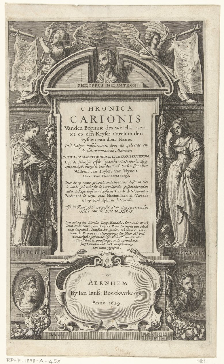 P. Melanchthonin Chronica Carioniksen nimisivu Chronica Carionis maailman alusta aen tot den Keyser Carolum (otsikko esineessä) tekijältä Isaeck van Aelst
