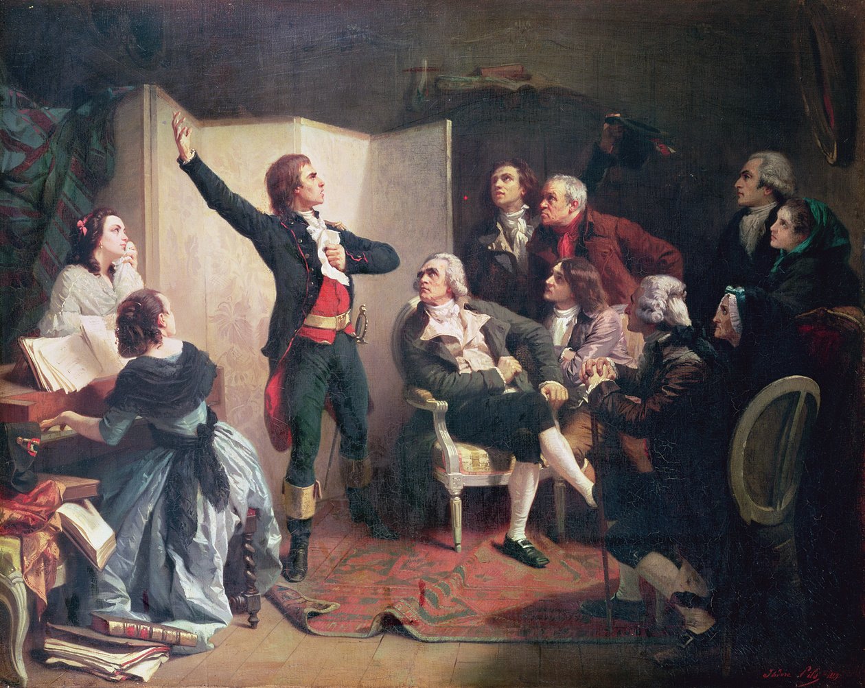 Rouget de Lisle (1760-1836) laulaa Marseillaisea Strasbourgin pormestarin Dietrichin kodissa 26. huhtikuuta 1792 tekijältä Isidore Pils