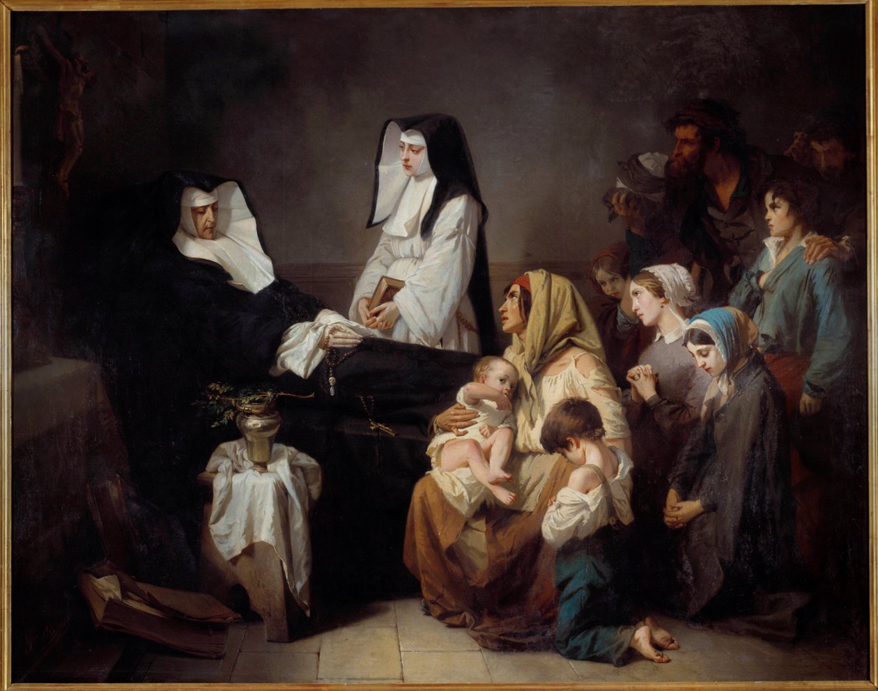 Hyväntekeväisyyden sisaren kuolema Köyhät perheet kokoontuvat nunnan ruumiin lähelle. Isidore Alexandre Augustin Pilsin (1813-1875) maalaus 1850 Su. 2,43x3,08 m Pariisi, musee d