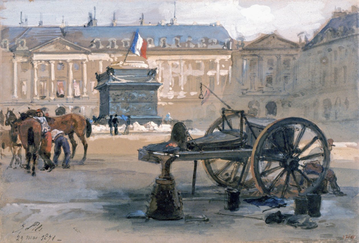 Vendome-pylvään putoaminen, 29. toukokuuta 1871 (akvarelli paperille) tekijältä Isidore Pils