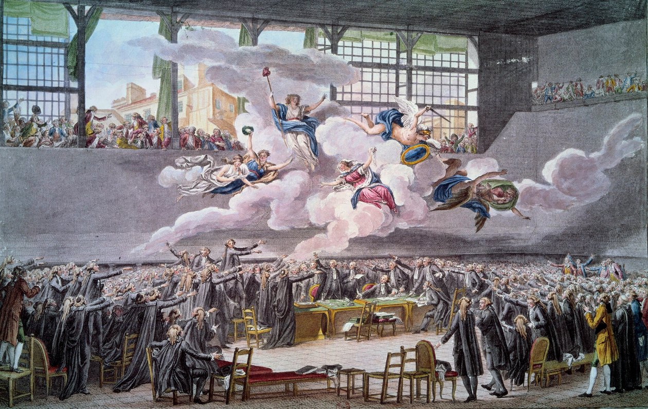Ranskan vallankumous: "" Le oath du jeu de Paume le 20 juin 1789"" Kansanedustajat vannovat, etteivät he eroa toisistaan ennen kuin perustuslaki on korjattu. Isidore Helmanin (1743-1809) kaiverrus 1789 Paris, B.N. tekijältä Isidore Stanislas Helman