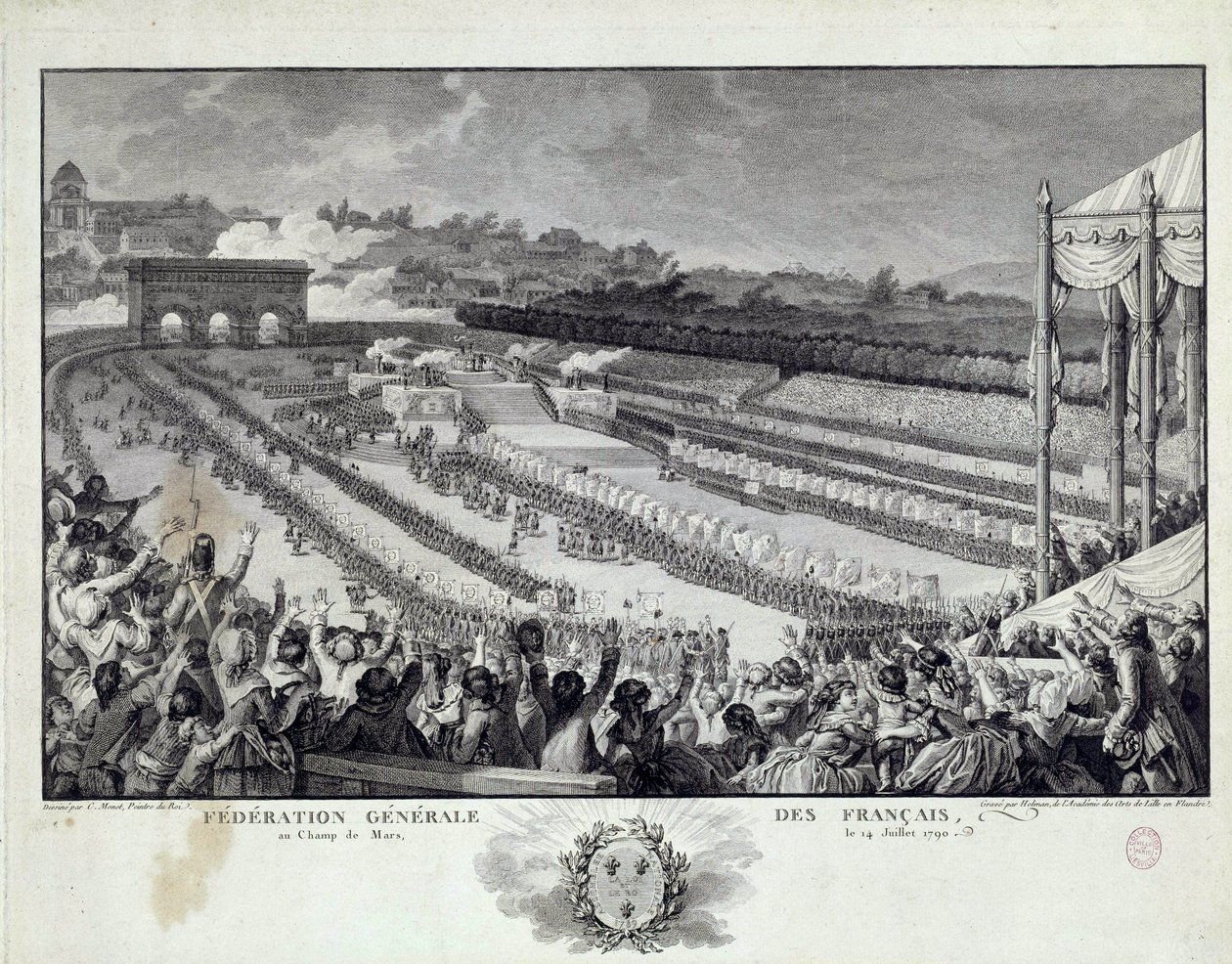 Ranskan vallankumous: näkymä Ranskan departementtien yleisen liiton juhlasta Champs de Marsilla Pariisissa 14.7.1791. Kuvitus: Isidore Helman (1743-1809) 1700-luvun Pariisi, Musee Carnavalet tekijältä Isidore Stanislas Helman