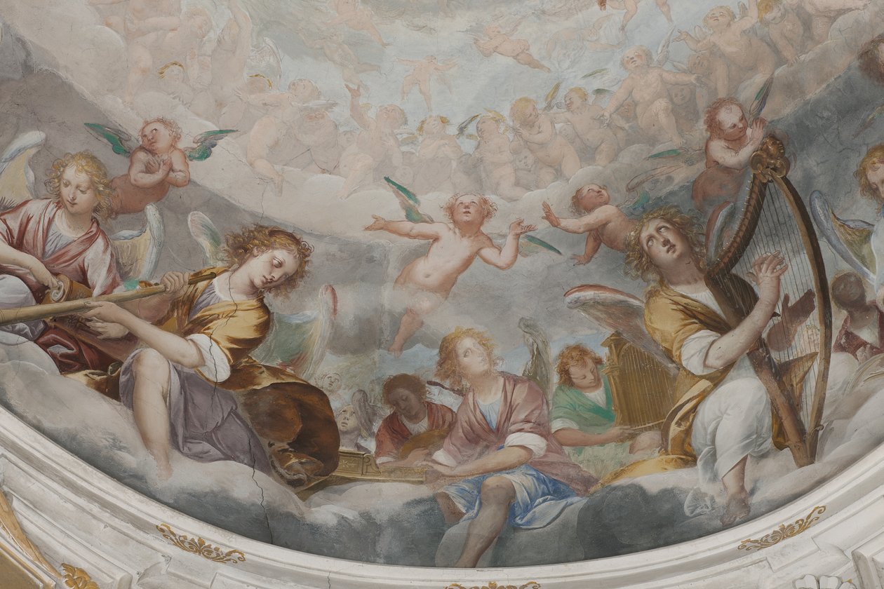 Enkelit, muusikkoenkeleitä ja puttoja, yksityiskohta Paratiisista ikuisen Isän kanssa, n. 1623-34 (yksityiskohta numerosta 3496185) tekijältä Isidoro Bianchi