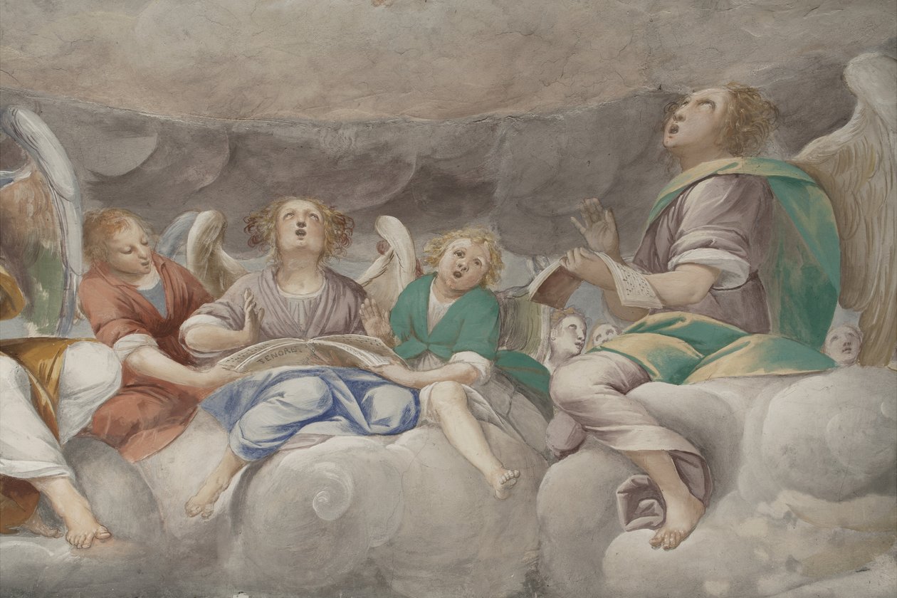 Enkelit, muusikkoenkeleitä ja puttoja, yksityiskohta Paratiisista ikuisen Isän kanssa, n. 1623-34 (yksityiskohta numerosta 3496185) tekijältä Isidoro Bianchi