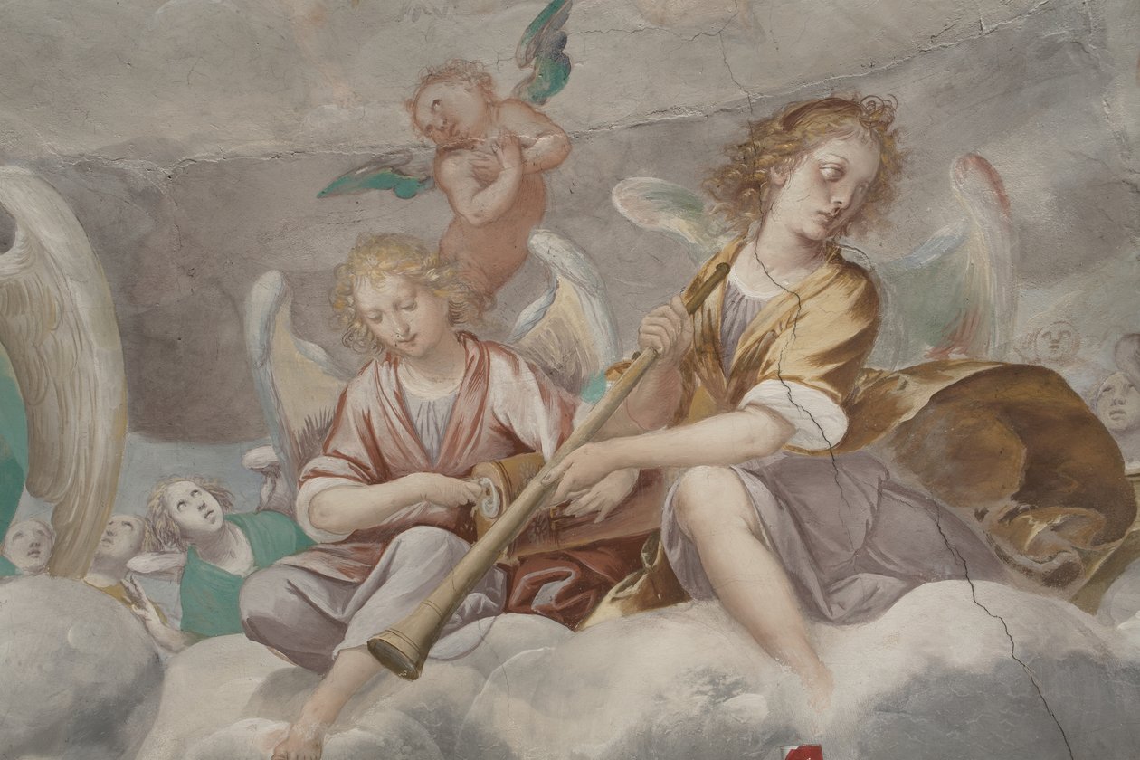 Enkelit, muusikkoenkeleitä ja puttoja, yksityiskohta Paratiisista ikuisen Isän kanssa, n. 1623-34 (yksityiskohta numerosta 3496185) tekijältä Isidoro Bianchi