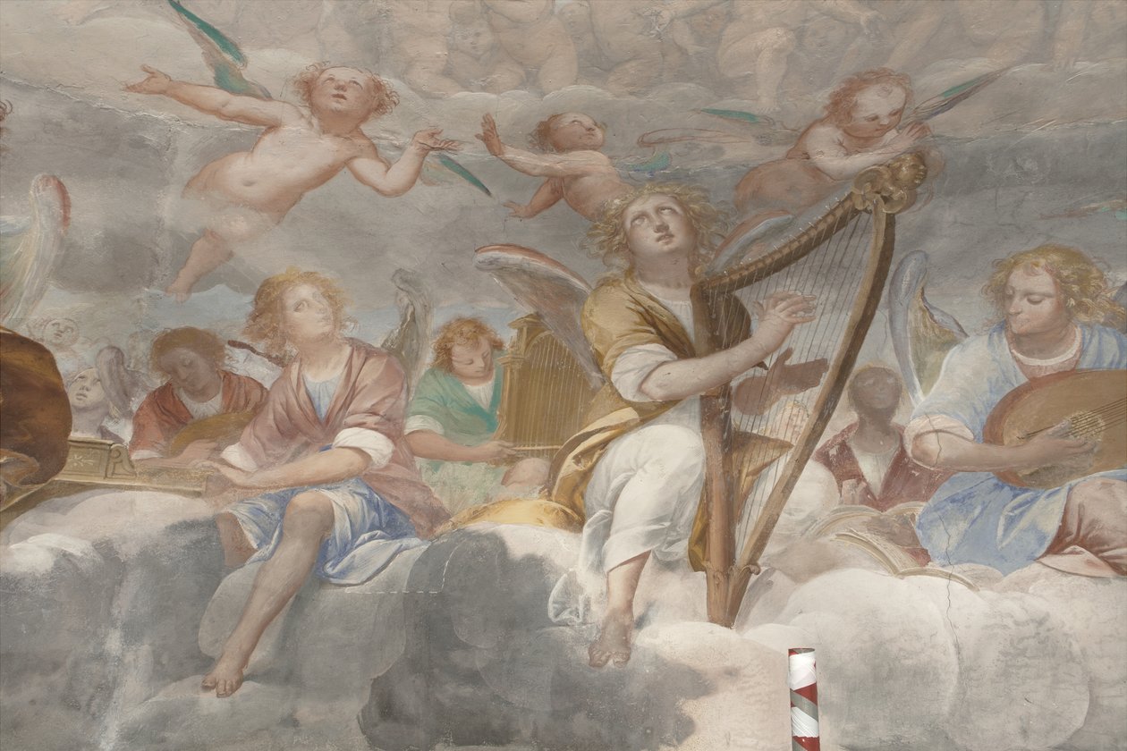 Enkelit, muusikkoenkeleitä ja puttoja, yksityiskohta Paratiisista ikuisen Isän kanssa, n. 1623-34 (yksityiskohta numerosta 3496185) tekijältä Isidoro Bianchi