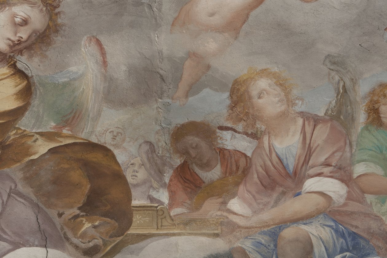 Enkelit, muusikkoenkeleitä ja puttoja, yksityiskohta Paratiisista ikuisen Isän kanssa, n. 1623-34 (yksityiskohta numerosta 3496185) tekijältä Isidoro Bianchi