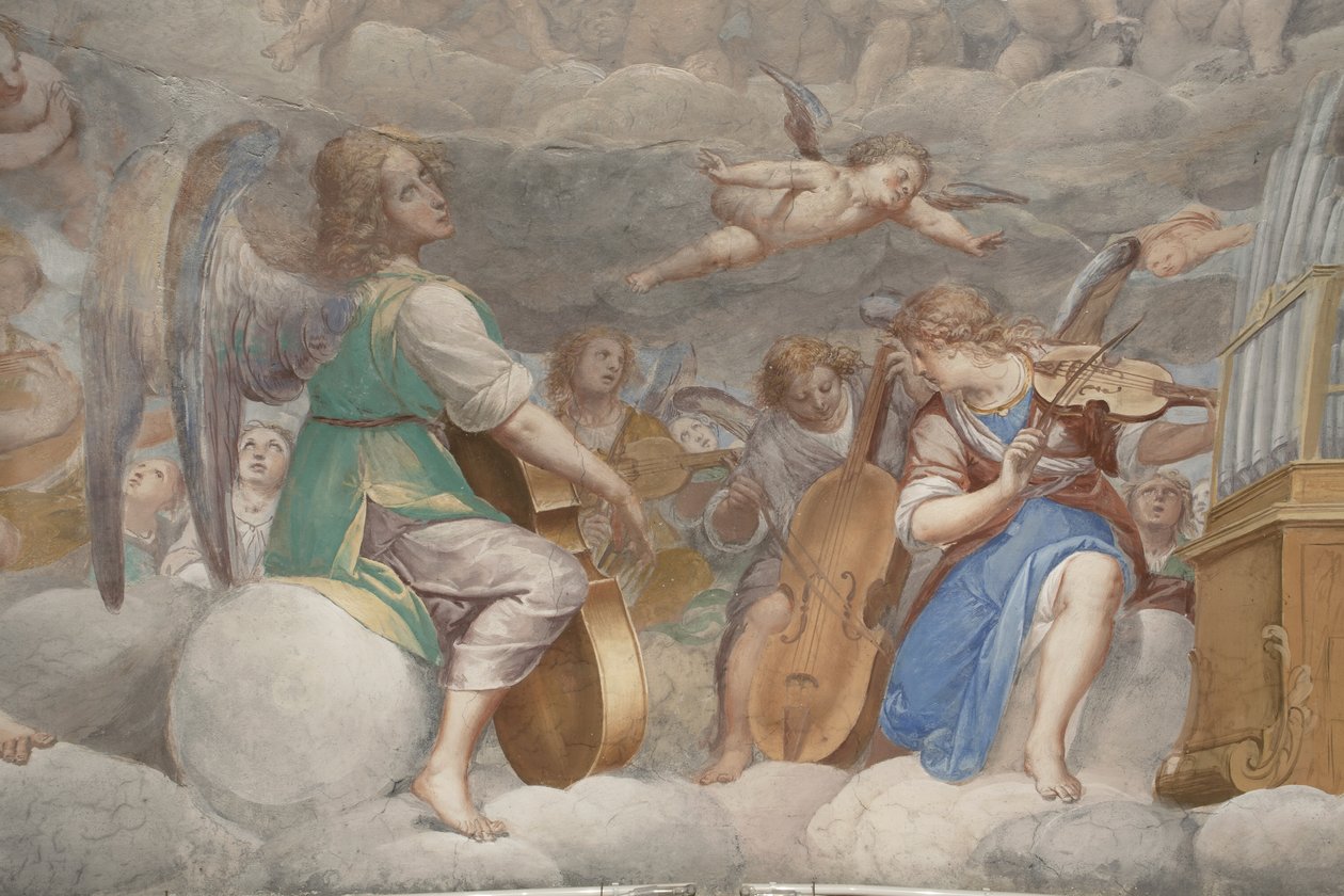 Enkelit, muusikkoenkeleitä ja puttoja, yksityiskohta Paratiisista ikuisen Isän kanssa, n. 1623-34 (yksityiskohta numerosta 3496185) tekijältä Isidoro Bianchi