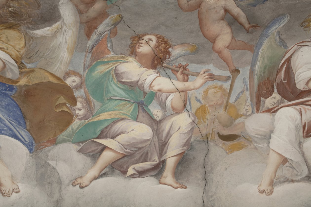 Enkelit, muusikkoenkeleitä ja puttoja, yksityiskohta Paratiisista ikuisen Isän kanssa, n. 1623-34 (yksityiskohta numerosta 3496185) tekijältä Isidoro Bianchi